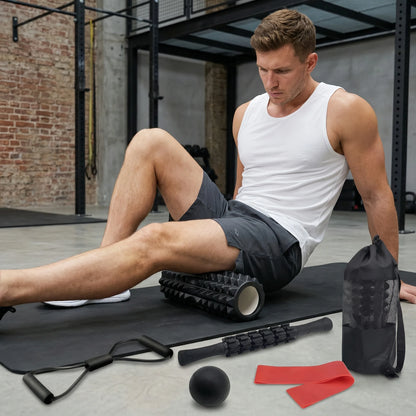 6 In1 Black Foam Roller Set with Massage Roller, Massage Ball, Chest Expander,And Resistance Band