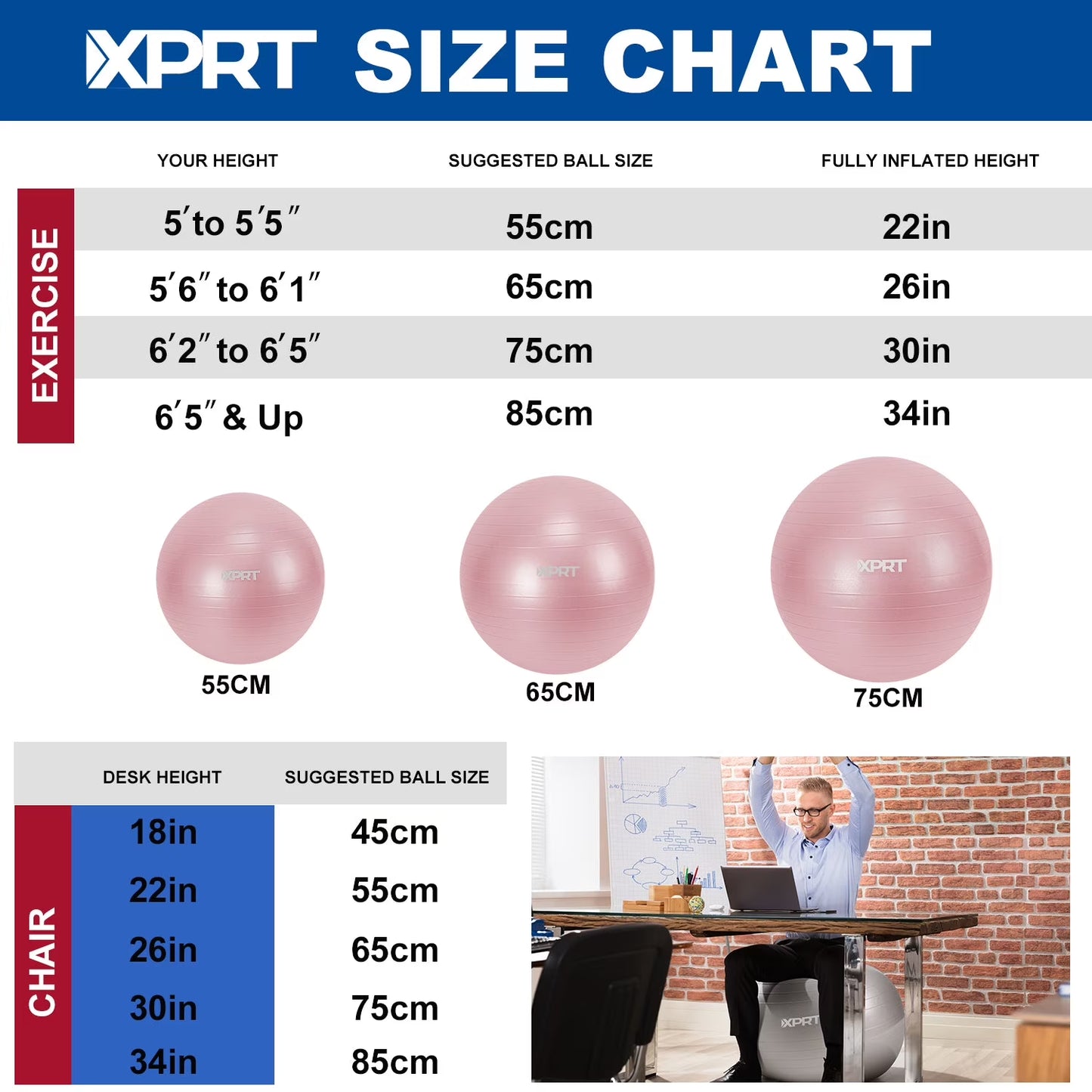 65 Cm Pink Exercise Ball, Anti-Slip Yoga Stability Ball with Foot Pump for Women’S Home Workout