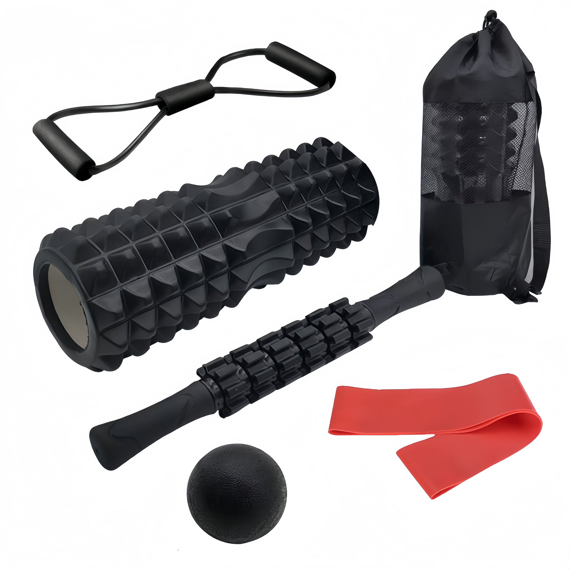 6 In1 Black Foam Roller Set with Massage Roller, Massage Ball, Chest Expander,And Resistance Band