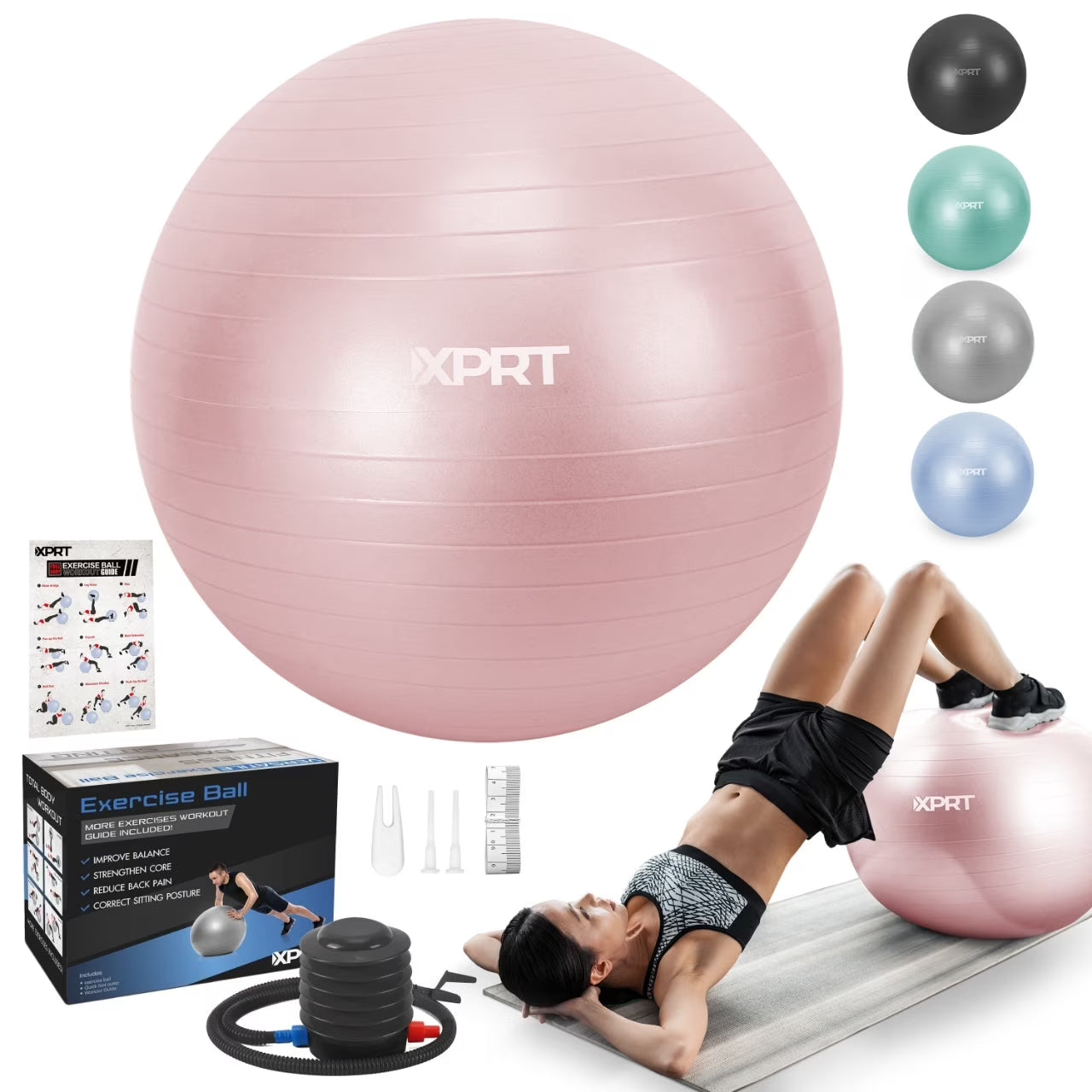 65 Cm Pink Exercise Ball, Anti-Slip Yoga Stability Ball with Foot Pump for Women’S Home Workout